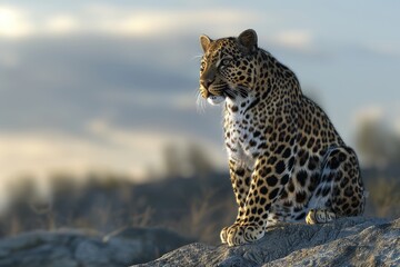 Fototapeta premium A leopard panthera pardus sits on a mound direct gaze.