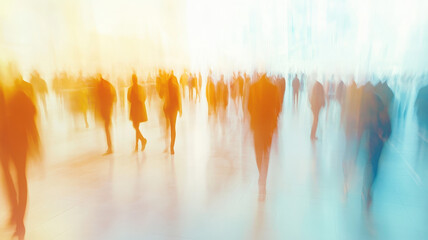 Obraz premium Abstract Blurred Motion Photography of Walking People Silhouettes in Warm Light Against Blue