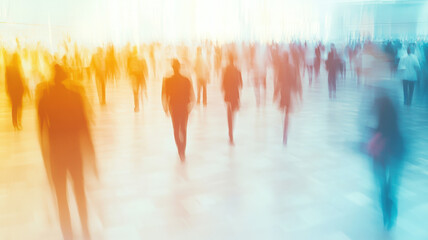 Fototapeta premium Abstract Blurred Motion Photography of Walking People Silhouettes in Warm Light Against Blue