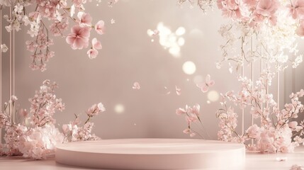 Serene Romance - Minimalist Floral Stage Backdrop with Dreamy Lighting for Promotional Campaigns