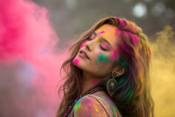 Naklejka premium Portrait of happy young indian woman on holi color with gulal powder on her face. Girl celedtating Holi, Indian festival