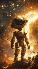 Fototapeta premium Golden Robot Astronaut Explores a Cosmic Nebula