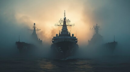 Mysterious Warships Emerging from Fog at Dawn