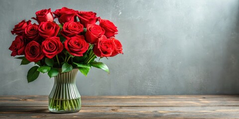 Fototapeta premium A bouquet of long-stemmed red roses in a decorative vase, gesture, present, gesture, present, celebration, elegant