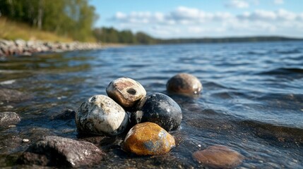 Obraz premium Serene Lakeside Stones Smooth River Rocks Near Tranquil Water