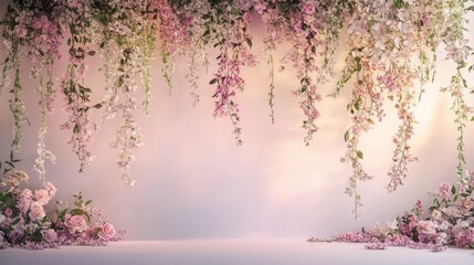Obraz premium Enchanting Floral Stage Backdrop in Soft Pastel Tones for Romantic Events