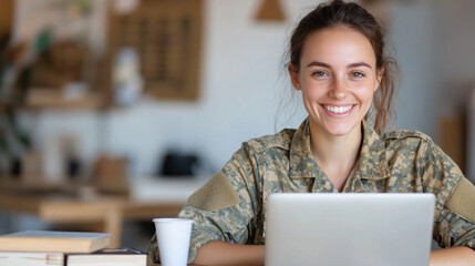 Australian woman in army uniform smiling, working with a laptop at tent