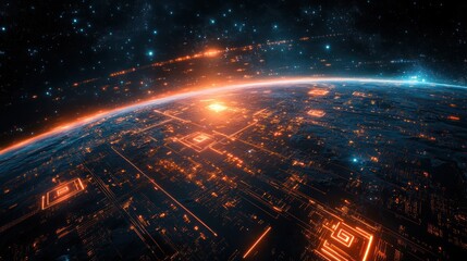 Fototapeta premium Futuristic Earth sunrise; circuit board planet, space background; tech concept