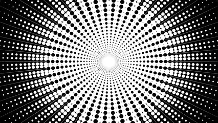 Create a black-and-white halftone dot background with a radial pattern. The dots should vary in size, becoming larger toward the edges and smaller near the center, forming a gradient effect. 