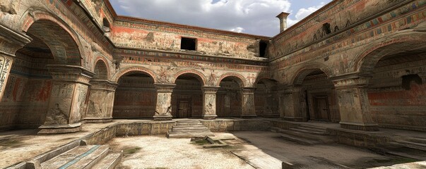 A detailed view of an ancient courtyard with ornate murals and arches.