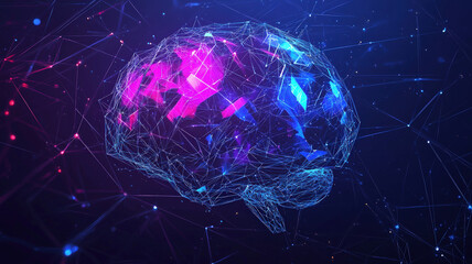AI brain visualization with glowing neural network: Artificial Intelligence concept with digital brain structure illuminated in neon pink and blue technological abstraction.