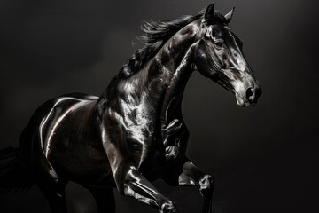 Arabian horse in elegant pose on dark background.