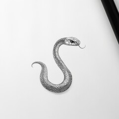 Fototapeta premium Elegant Black Snake with S Curve Body and Flickering Tongue Drawn on White Background