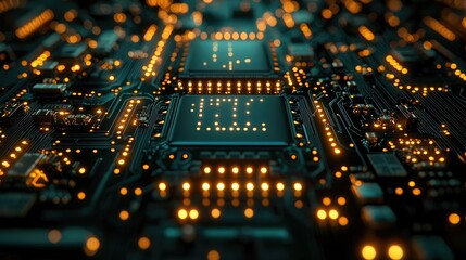 Obraz premium Close-up view of a circuit board, showcasing intricate technological details and glowing components. A mesmerizing image representing the complexity and beauty of modern technology.