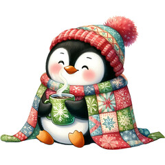 Cozy Penguin - Cute Winter Penguin Art, Adorable Penguin Illustration, Penguin with Scarf and Hat, Snowy Penguin Decor, Warm and Snuggly Penguin, Penguin in Sweater, Festive Penguin Artwork for Winter