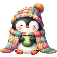 Cozy Penguin - Cute Winter Penguin Art, Adorable Penguin Illustration, Penguin with Scarf and Hat, Snowy Penguin Decor, Warm and Snuggly Penguin, Penguin in Sweater, Festive Penguin Artwork for Winter