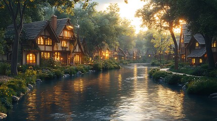 Fototapeta premium Charming Riverside Village Cottages Glowing Windows Sunset Scenic Reflection View Photo