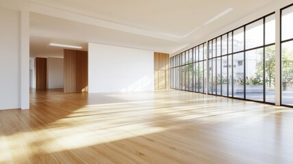 Fototapeta premium A 3D rendering of a spacious minimalist Scandinavian room with natural light and cozy, modern furnishings.