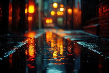 Fototapeta premium Moody rainy night in urban alley with glimmers of streetlight reflections