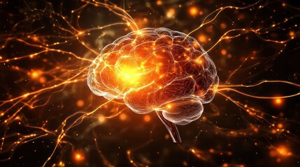 Glowing brain, neural network, dark background, medical illustration