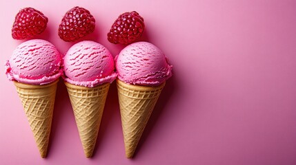 Three Raspberry Ice Cream Cones on Pink Background