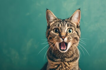 funny cat looking shocked with mouth open portrait on green background with copy space