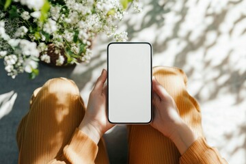 Woman is holding a white cell phone in her hand