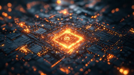 Glowing CPU core, circuit board, digital, technology, abstract background