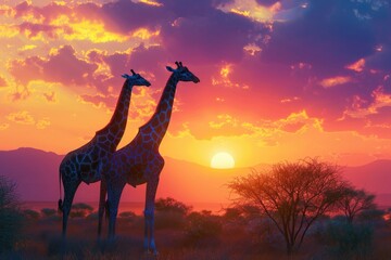 Giraffes and sunset in Tsavo East and Tsavo West National Park in Kenya