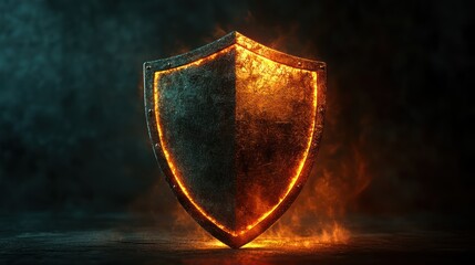 Fiery shield defense, dark background, security concept