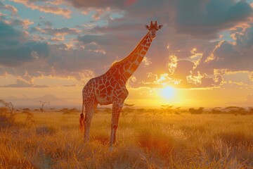 Giraffes and sunset in Tsavo East and Tsavo West National Park in Kenya