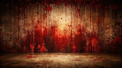 Obraz premium Bloodstained Room Grungy Wall with Dripping Red Paint and Dark Floor