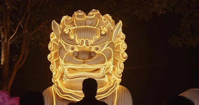 Beijing, China. Zigong Lantern Festival In Beijing. Lion Dogs Or Foo Dogs, Asiatic Lions, Shishi. Lantern Of Chinese Guardian Lions Or Imperial Guardian Lions Are Traditional Chinese Architectural