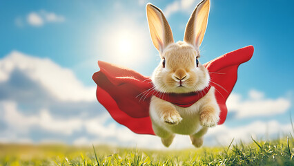 A cute rabbit wearing a red robe is jumping on the grass field.