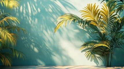 Naklejka premium Serene Tropical Paradise Palm Tree Shadows on Teal Wall