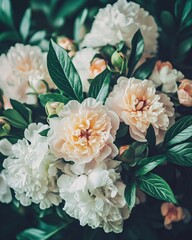 Fototapeta premium Soft Peony Blossoms with Green Leaves in a Delicate Floral Arrangement Background