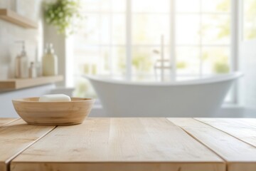 Wooden table with a bowl of soap and a bathtub in the background