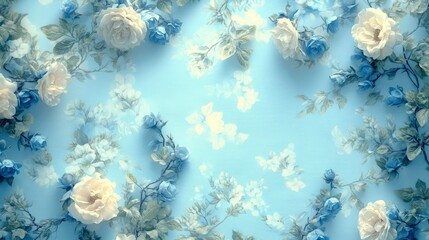 Pastel Blue Floral Wallpaper Background Delicate Roses and Buds