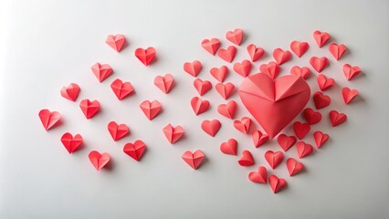 Fototapeta premium A large coral origami heart surrounded by many smaller coral origami hearts on a white background