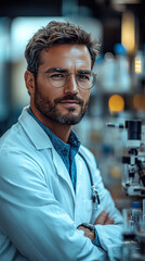 Caucasian male scientist in laboratory with microscope and experiments