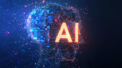 Human head profile with AI symbol: Artificial Intelligence brain concept with glowing particles network for machine learning and cognitive computing visualization.
