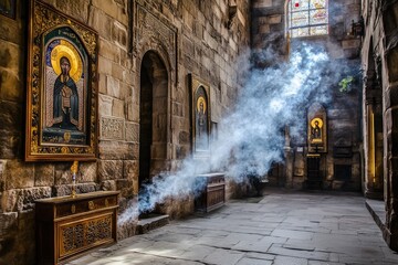 Fototapeta premium A serene interior of a historic church with icons and light filtering through smoke.