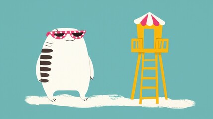 Cartoonish Doodle of a Chubby Shark Wearing Striped Sunglasses on the Beach  Cute and Funny of a Relaxed Marine Animal Character Enjoying the Summer Vacation by the Coastal Ocean