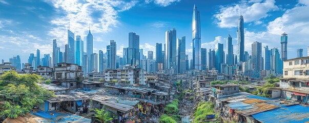 A contrasting view of a bustling city skyline and informal settlements below.