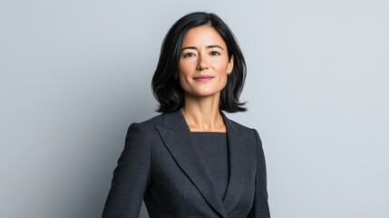 Obraz premium Confident European Businesswoman Standing Proudly Against a Light Gray Background, Exuding Professionalism and Poised Energy for Corporate Imagery and Branding