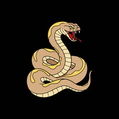 Fototapeta premium A stylized illustration of a tan snake with yellow accents coiled and displaying its fangs against a black background.