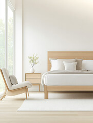 Fototapeta premium Bedroom interior design featuring minimalist aesthetics and natural light in a serene space