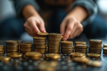 Counting and organizing coins in a systematic manner during a financial review session at home