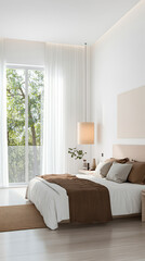 Fototapeta premium Contemporary bedroom with natural light and modern decor in a serene setting