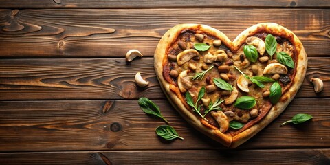 Heart-shaped pizza with mushrooms and basil on rustic wooden background